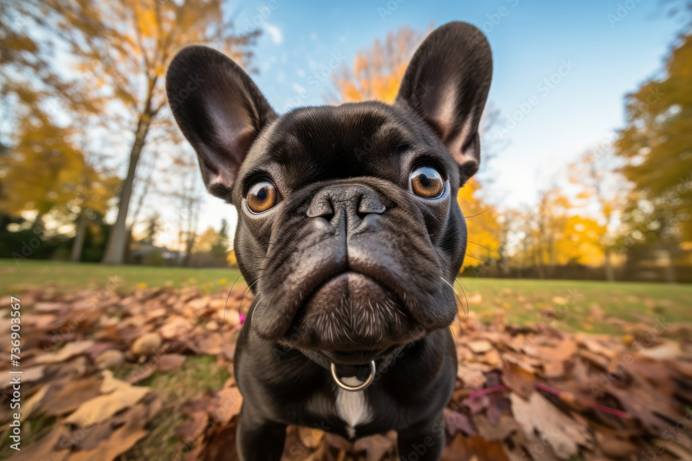 A curious French Bulldog among autumn leaves, captured up-close. AI Generative.