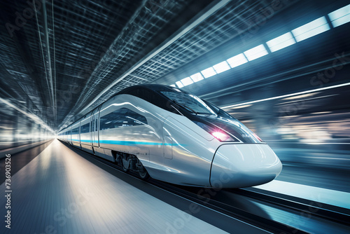 Professional ultra-wide angle photo of a modern train in dynamic motion, a symbol of progress, AI Generative.