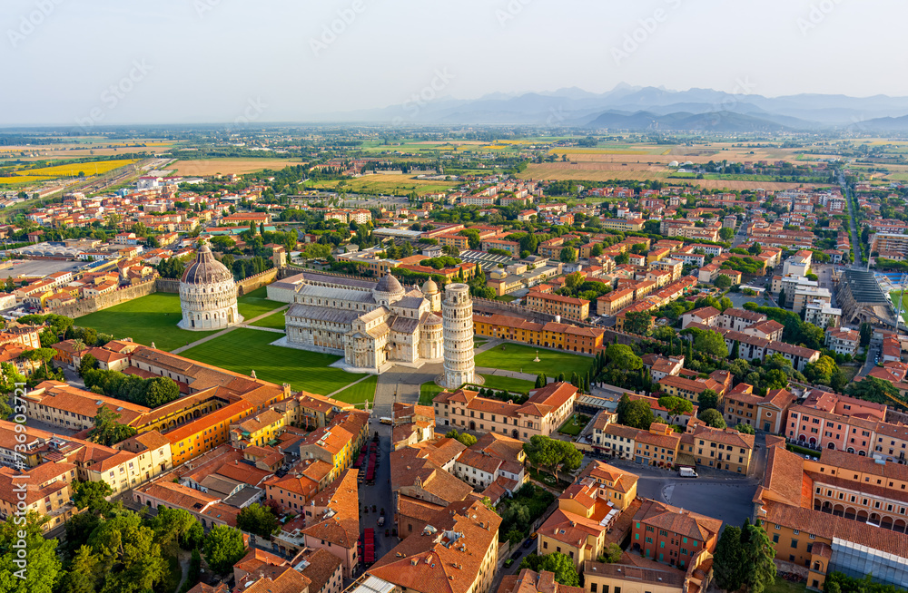 Pisa, Italy. Leaning Tower of Pisa. Panoramic view in the morning. Aerial view