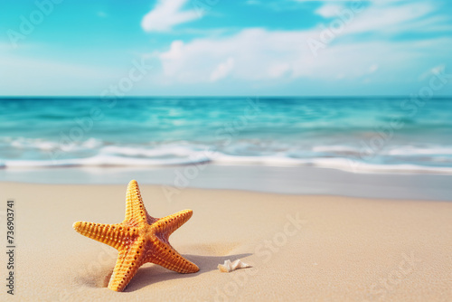 Starfish on a sandy beach with azure waters  captured with AI Generative precision.