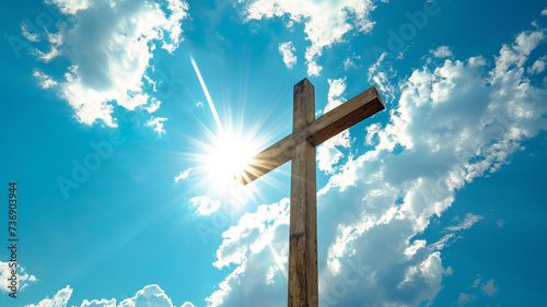 A cross silhouetted against the radiant sunlight, invoking a sense of hope and faith AI Generative.