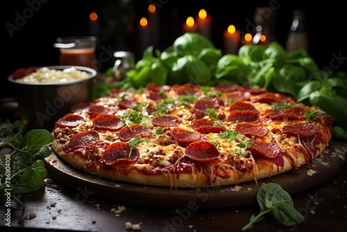 stylist and royal Delicious close up of a fresh pepperoni pizza, blurry bokeh background, space for text
