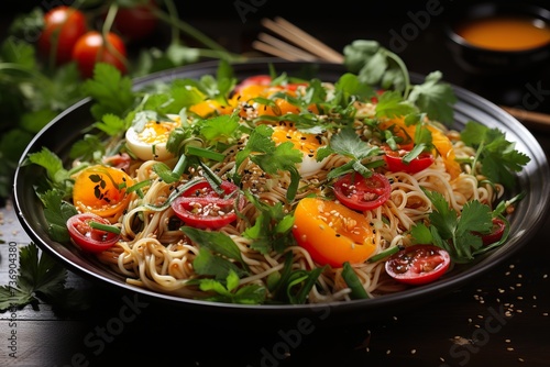 stylist and royal egetarian Asian egg noodle salad with seasonal vegetables close-up in a plate