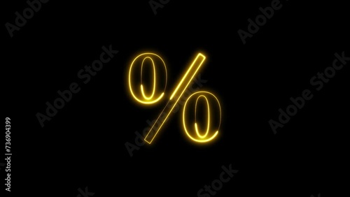 Neon Letter Text Business Percent Icon Animation on Black Background . photo