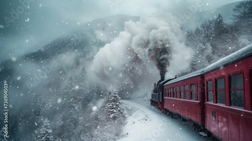 a red train traveling down train tracks next to a snow covered forest filled with lots of trees and a forest covered in snow.