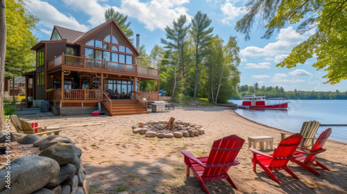 With the beach just steps away this lakeside lodge offers a tranquil escape with its expansive deck for sun a cozy fire pit for roasting marshmallows and a charming boathouse
