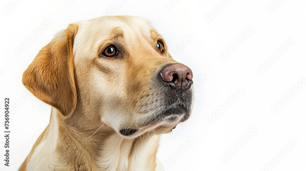 A labrador retriever gazes thoughtfully, isolated against a stark white background, encapsulating loyalty and companionship, AI Generative. A labrador retriever gazes thoughtfully, isolated against a stark white background, encapsulating loyalty and companionship, AI Generative.