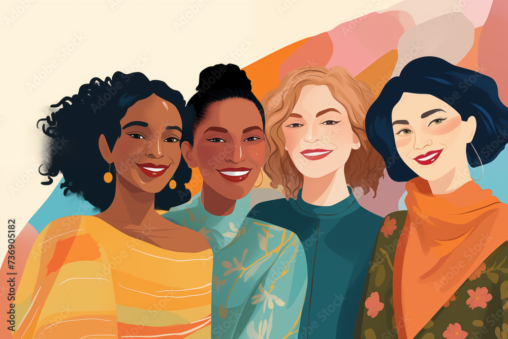 Diverse, multi ethnic women posing together, joyful illustration. International Women’s Day, happy holiday concept illustration. 8th March celebration of women of all over the world.