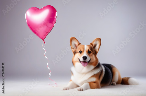 Charming welsh corgi dog with pink heart shaped balloon on a gray color background. Banner, copy space for text. Valentine's Day Gift . Funny Valentines animal, love, wedding. Greeting card, postcard