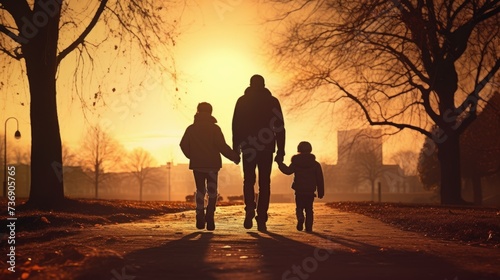 Father and children silhouetted, hand in hand, strolling in park – embracing fatherhood and childhood