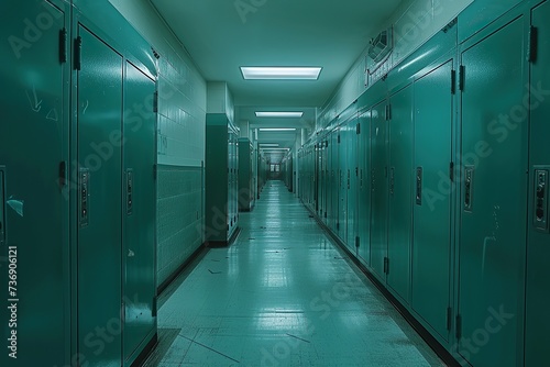 school hallway with Gloomy green lockers.