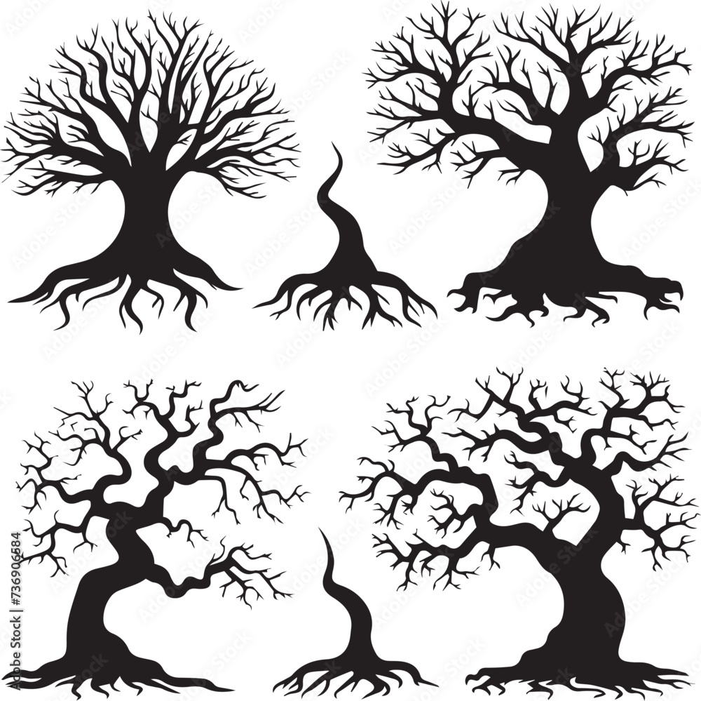 Set of trees in black silhouettes