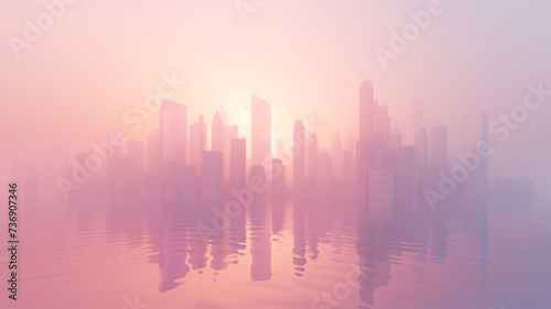 A serene city skyline rendered in soft pastel tones, reflecting on the calm surface of the water, evoking a sense of peaceful urban tranquility.
