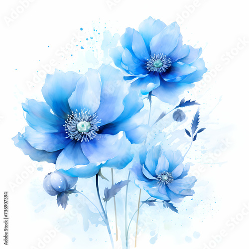 Blue anemone flowers. Watercolor illustration. Hand drawn.