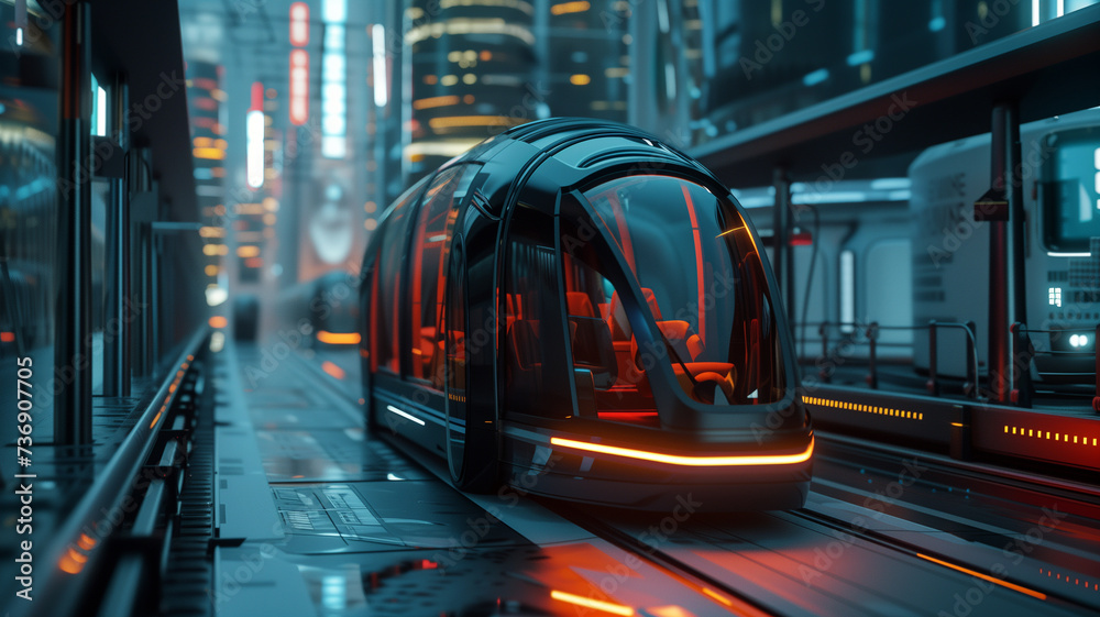 a sleek line of futuristic autonomous transit pods gliding through an urban street, symbolizing cutting-edge public transportation technology - obrazy, fototapety, plakaty 