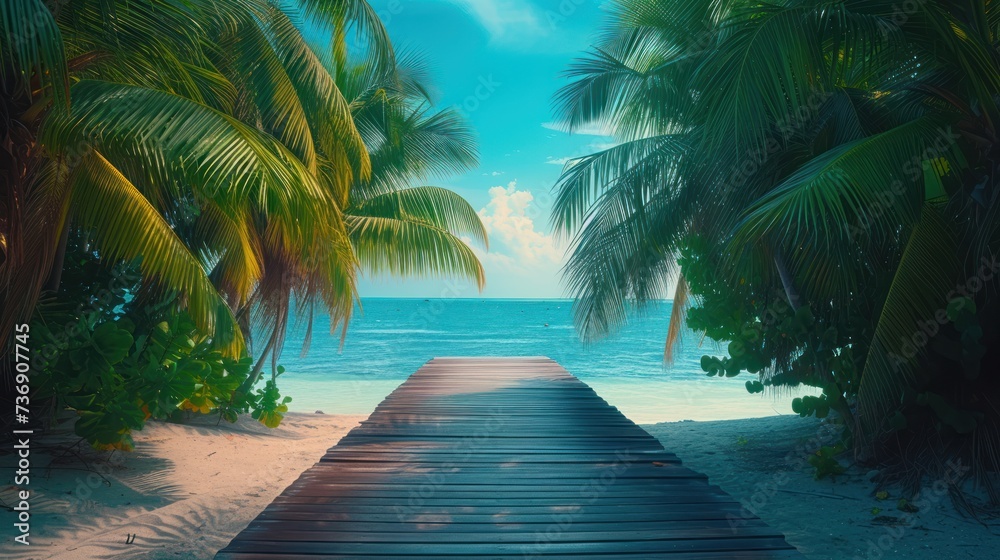 a wooden walkway leading to a beach with palm trees on both sides of the walkway and the ocean in the background.