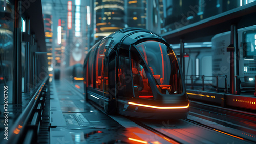 a sleek line of futuristic autonomous transit pods gliding through an urban street, symbolizing cutting-edge public transportation technology