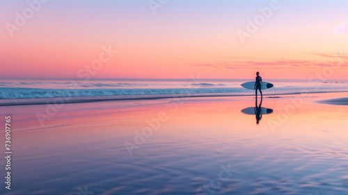 The serene twilight hues paint a peaceful backdrop as a lone surfer stands contemplatively on the shore, board in hand, reflecting on the day's final waves