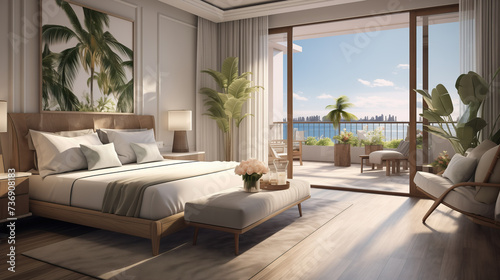 Modern hotel room suite with big bed, plants and big window with lots of light, sunshine and sea view on vacation © DigitalDreamscape