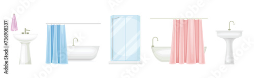 Bathroom Object with Sink, Bathtub and Shower Vector Se