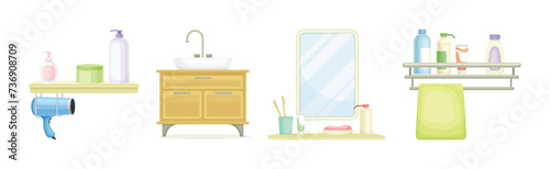 Bathroom Object with Sink, Shelf, Cabinet and Mirror Vector Set