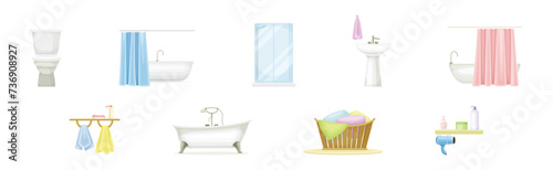 Bathroom Object with Sink, Bathtub and Shower Vector Set