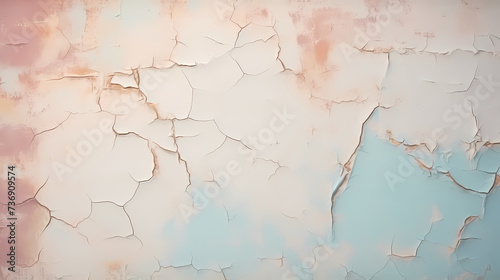 Detailed view of cracked and peeling pastel paint on wall