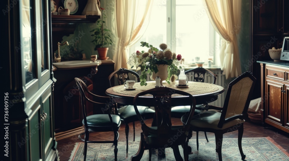 a table with a vase of flowers on top of it in a room with a window and a rug on the floor.