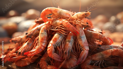 A pile of fresh, red shrimp in the photo with a blurry background