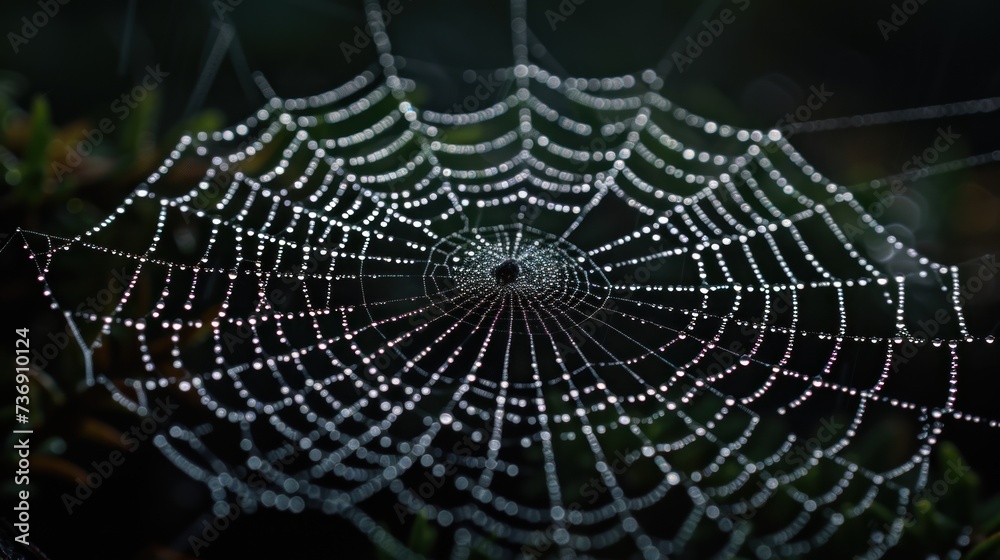 a close up of a spider web with drops of water on the spider's web in the center of the web.
