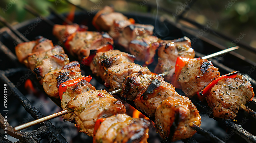 Pork skewers. Meat on the grill on skewers, grill, barbecue in nature. Made with generative ai Pork skewers. Meat on the grill on skewers, grill, barbecue in nature. Made with generative ai
