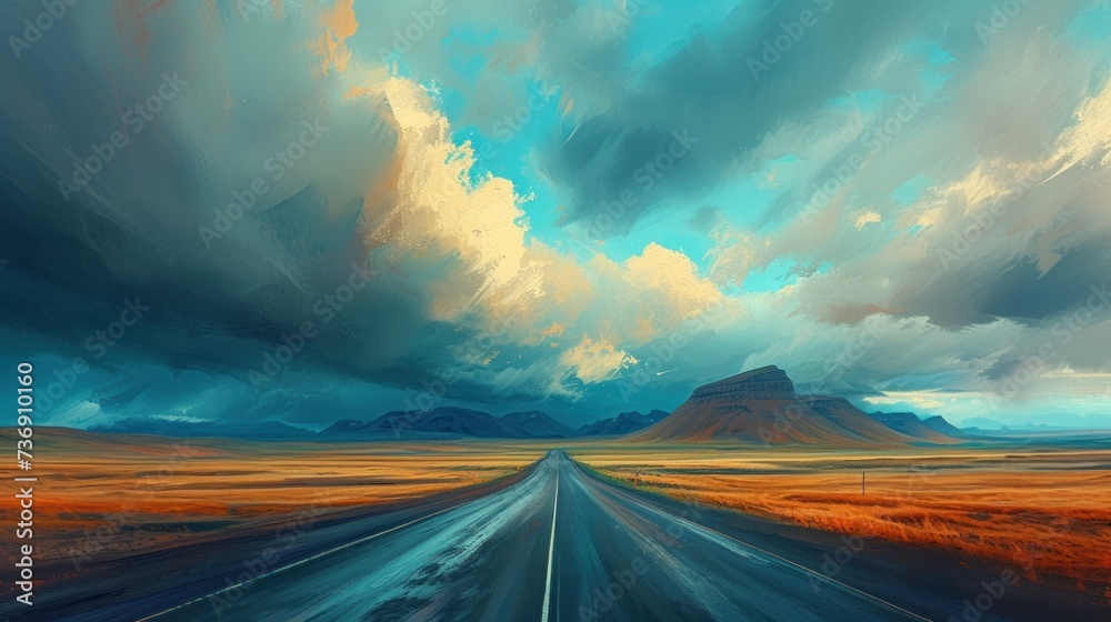 a painting of a road in the middle of a desert with a mountain in the distance and clouds in the sky.