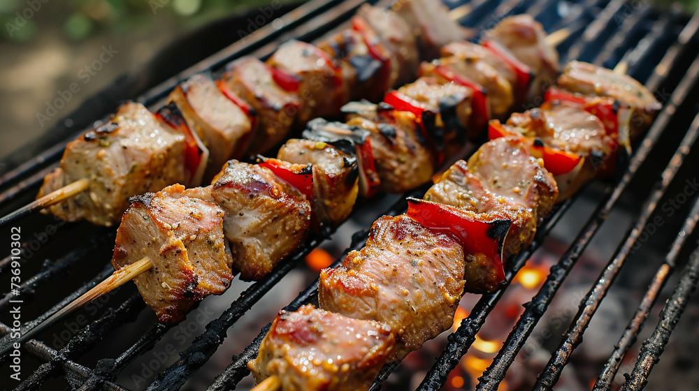 Pork skewers. Meat on the grill on skewers, grill, barbecue in nature. Made with generative ai