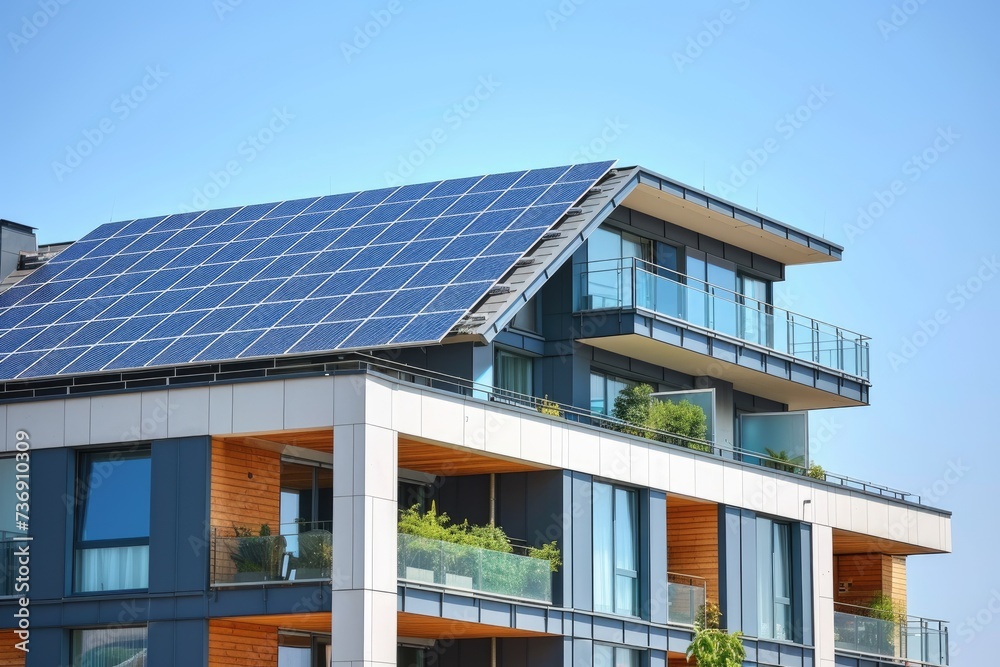 Modern eco friendly passive house with solar panels on rooftop. Home solar panel. Solar panels on roof of modern apartment building in city Modern eco friendly passive house with solar panels on rooftop. Home solar panel. Solar panels on roof of modern apartment building in city