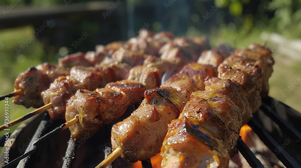 Pork skewers. Meat on the grill on skewers, grill, barbecue in nature. Made with generative ai