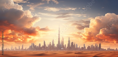 A vast desert with views of towering urban buildings in a photo in the afternoon with a beautiful view of the sky photo