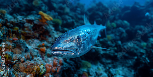 Barracuda on a coral reef in Koh Tao, Thailand,Tropical fish on the coral reef. Seascape.Barracuda on the coral reef of the Red Sea.