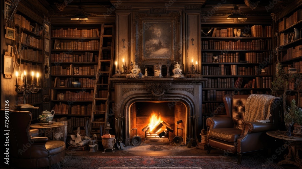 A cozy library with a fireplace and shelves of old books. A sense of nostalgia and intellectual calm.