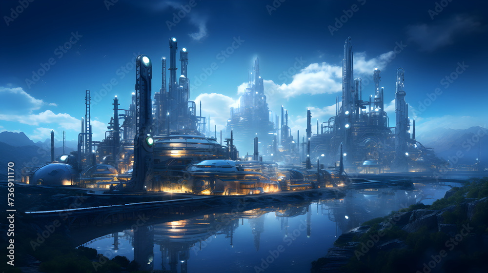 A small group of people standing on a model of a star wars ship,,
Futuristic city at night as abstract background. 3D rendering, Futuristic city at night, 3D rendering. Computer digital drawing, AI G
