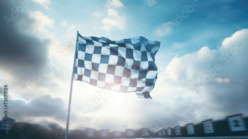 Checkered flag being waved against a backdrop of billowing white clouds evoking a feeling of triumph and accomplishment.