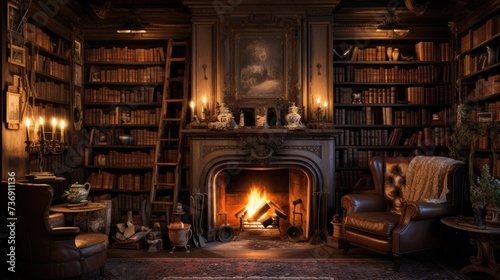 A cozy library with a fireplace and shelves of old books. A sense of nostalgia and intellectual calm.