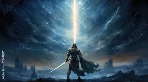 The mythical warrior stands resolute against the starry night sky with his sword. Fantasy art.