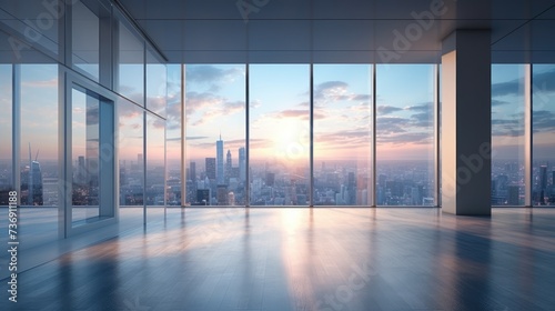 An empty room in a skyscraper and a view of the city in the morning. Beautiful, expensive property with a view.