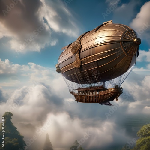 Fantasy airship, Magnificent airship soaring through the clouds with billowing sails and ornate steam-powered engines1