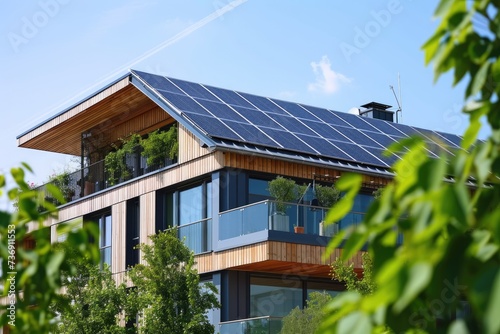 Modern eco friendly passive house with solar panels on rooftop. Home solar panel. Solar panels on roof of modern apartment building in city