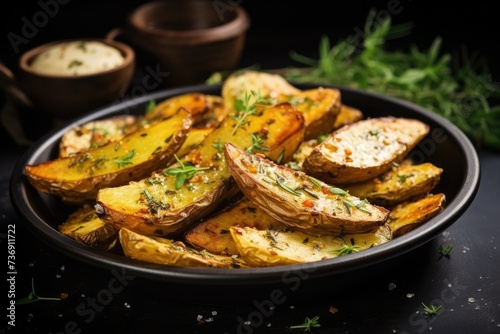 Roasted potatoes. Baked potato wedges with rosemary and olive oil.