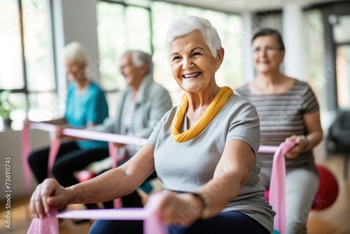 Seniors doing exercise seated with exercise bands