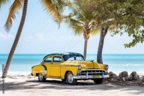 Yellow old car parked on a tropical beach © Lubos Chlubny