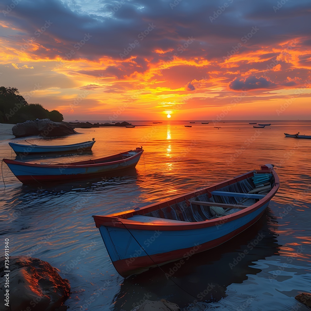Tranquil Sunset Boating Scene with Vivid Skies and Calm Waters