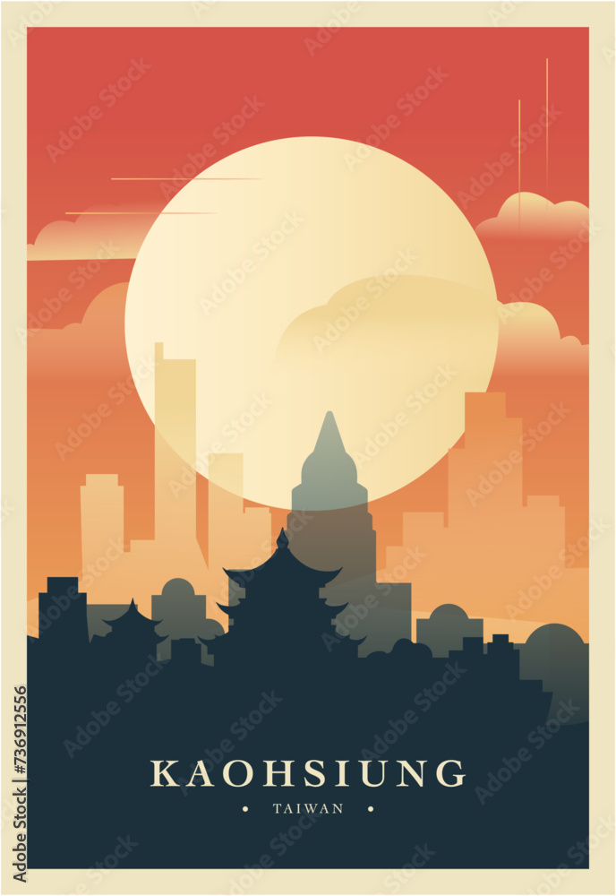 Kaohsiung city brutalism poster with abstract skyline, cityscape retro vector illustration. China, Taiwan metropolitan travel cover, brochure, flyer, leaflet, business presentation template image